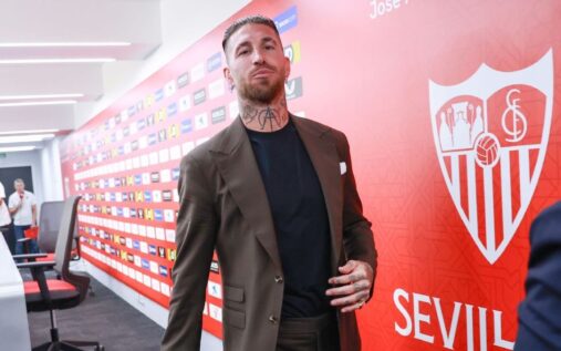 Sergio Ramos in a Sevilla kit looking serious during a La Liga match