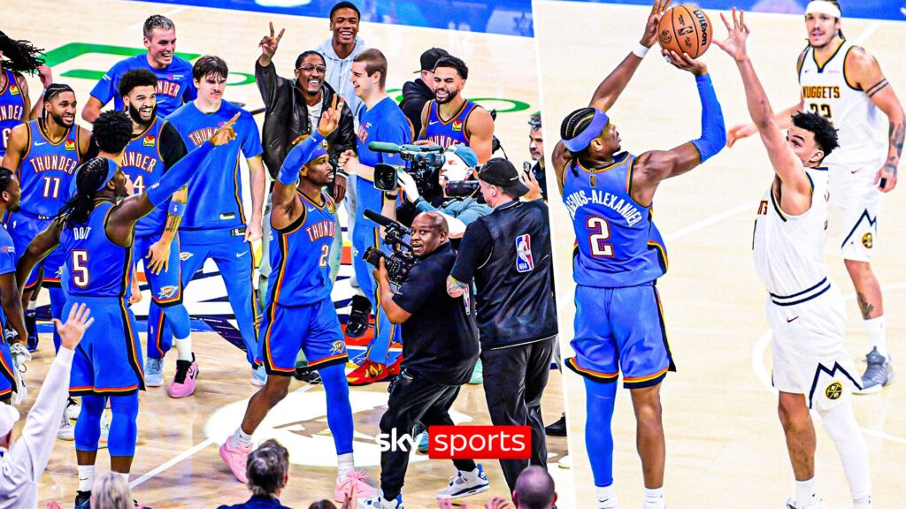 Shai Gilgeous-Alexander shooting a late three-pointer for the Oklahoma City Thunder
