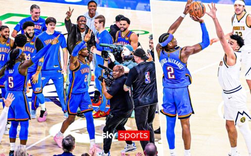 Shai Gilgeous-Alexander shooting a late three-pointer for the Oklahoma City Thunder