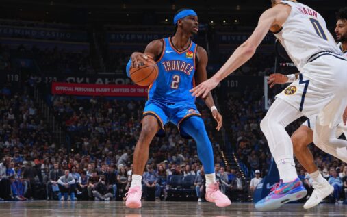 Oklahoma City Thunder guard Shai Gilgeous-Alexander dribbling the basketball during an NBA game