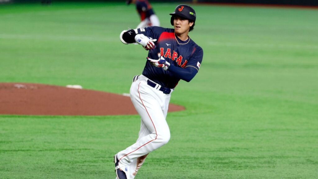 Shohei Ohtani batting for Japan during the World Baseball Classic at the Tokyo Dome