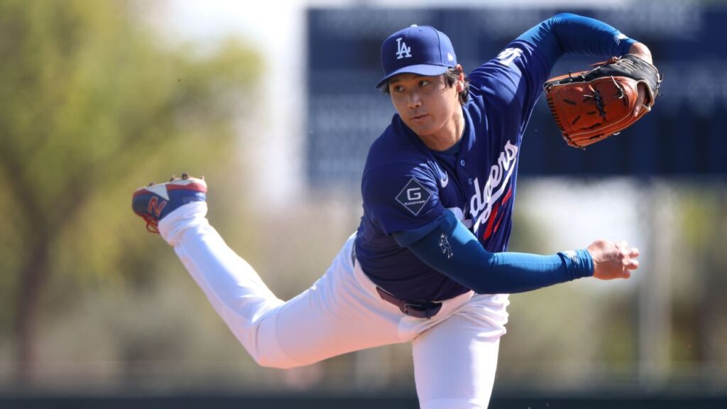 Shohei Ohtani pitching for the Los Angeles Dodgers during spring training
