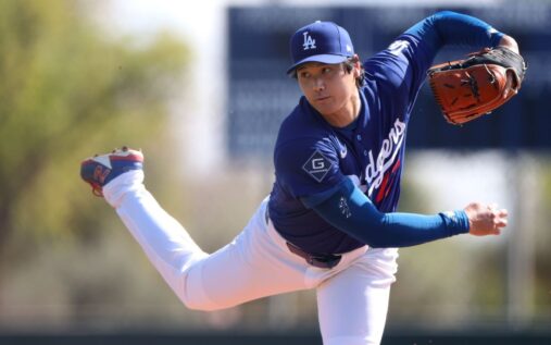 Shohei Ohtani pitching for the Los Angeles Dodgers during spring training