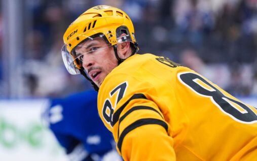 Pittsburgh Penguins captain Sidney Crosby skating on the ice during an NHL game