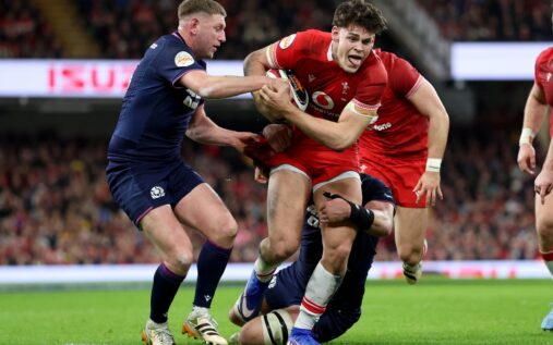 Wales centre Eddie James running with the ball during a Six Nations training session