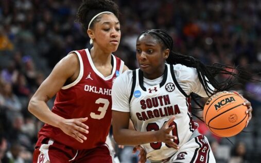 South Carolina guard Ta'Niya Latson advancing the ball during the March Madness Sweet 16 against Oklahoma