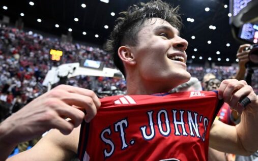 Dylan Darling celebrates St. John's buzzer-beating victory over Kansas in the NCAA Tournament