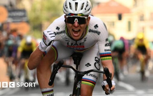 Tadej Pogacar and Tom Pidcock sprinting for the finish line at Milan-San Remo