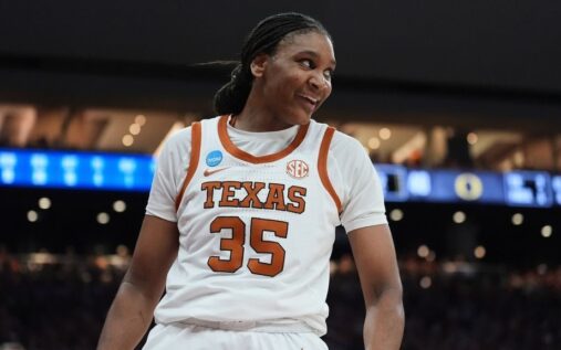 Madison Booker dribbling the basketball for the Texas Longhorns in their NCAA tournament victory against Oregon
