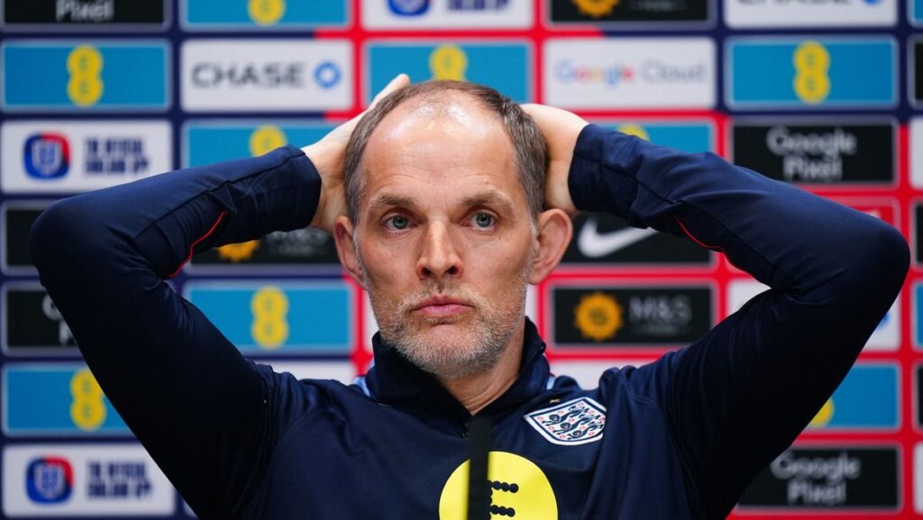 England manager Thomas Tuchel looking thoughtful on the touchline during an international match