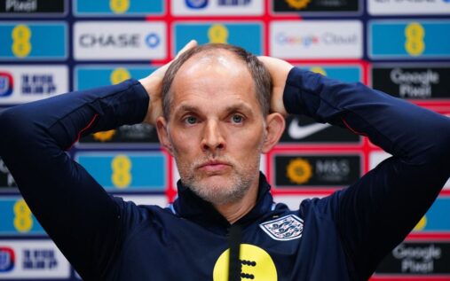 England manager Thomas Tuchel looking thoughtful on the touchline during an international match