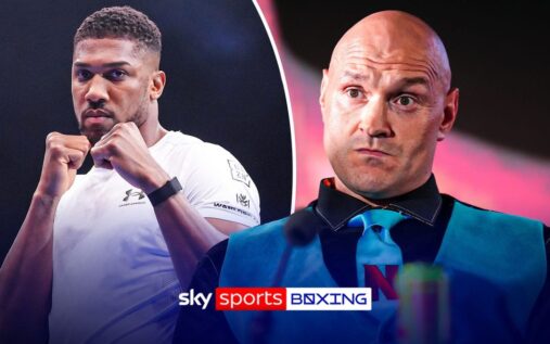 Anthony Joshua and Tyson Fury facing off in a boxing ring