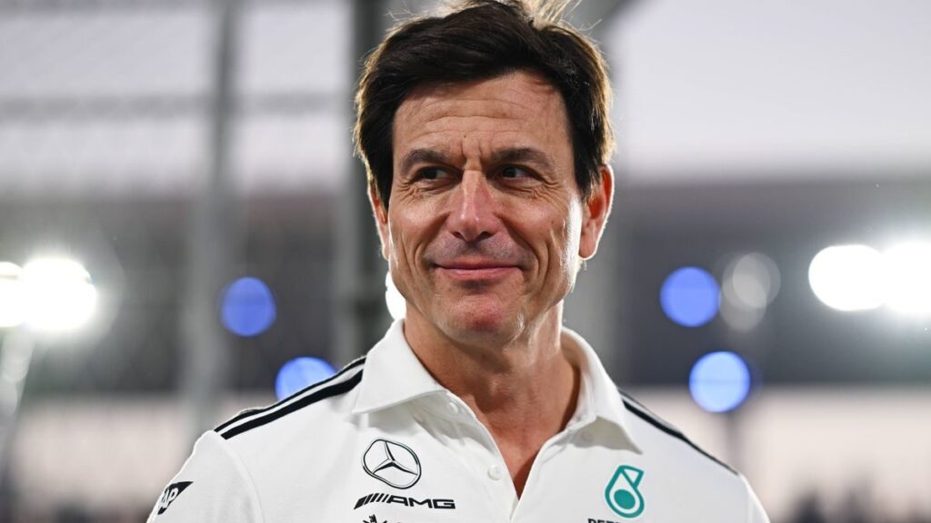 Mercedes team principal Toto Wolff speaking to the media in the Formula 1 paddock