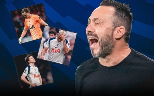 Roberto De Zerbi gesturing and shouting instructions from the technical area