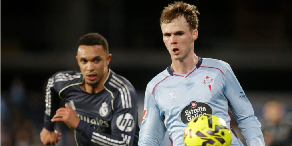 Trent Alexander-Arnold looking frustrated in a white Real Madrid kit during a La Liga match