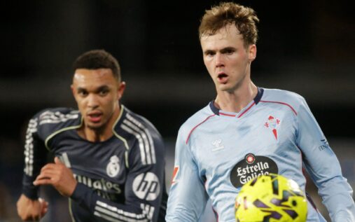 Trent Alexander-Arnold looking frustrated in a white Real Madrid kit during a La Liga match