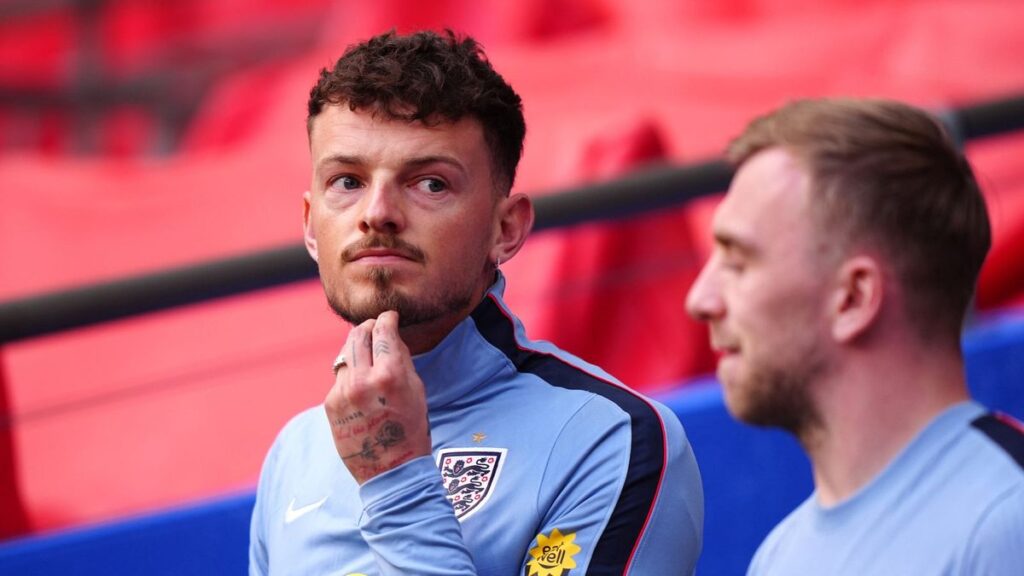 England manager Thomas Tuchel and Arsenal defender Ben White during a national team training session