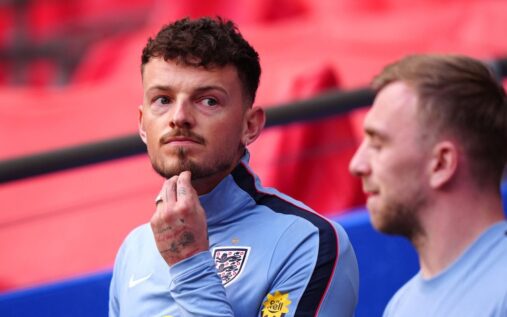 England manager Thomas Tuchel and Arsenal defender Ben White during a national team training session