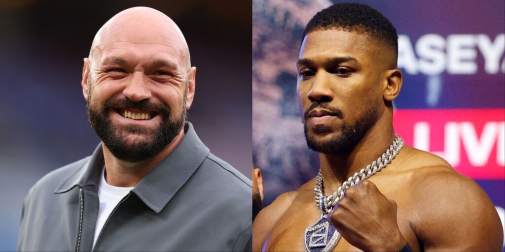 Tyson Fury and Anthony Joshua intensely facing off inside a boxing ring