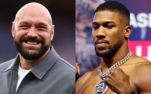 Tyson Fury and Anthony Joshua intensely facing off inside a boxing ring