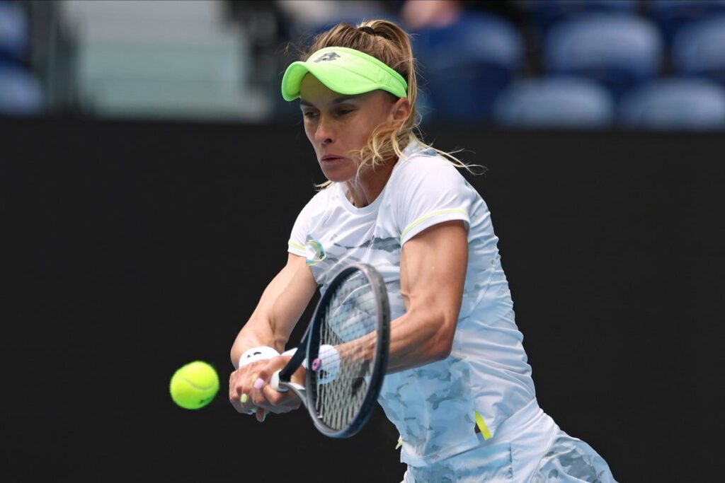 Ukrainian tennis player Lesia Tsurenko looking focused during a WTA Tour tennis match