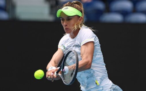 Ukrainian tennis player Lesia Tsurenko looking focused during a WTA Tour tennis match