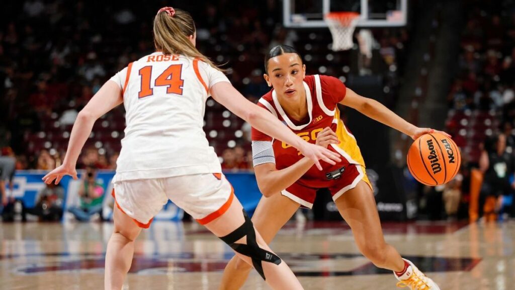 USC freshman Jazzy Davidson shooting a basketball during the NCAA tournament match against Clemson
