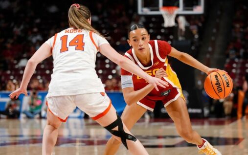USC freshman Jazzy Davidson shooting a basketball during the NCAA tournament match against Clemson