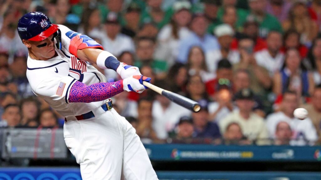 Aaron Judge celebrating after hitting a home run for the United States in the World Baseball Classic against Mexico