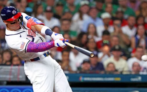 Aaron Judge celebrating after hitting a home run for the United States in the World Baseball Classic against Mexico