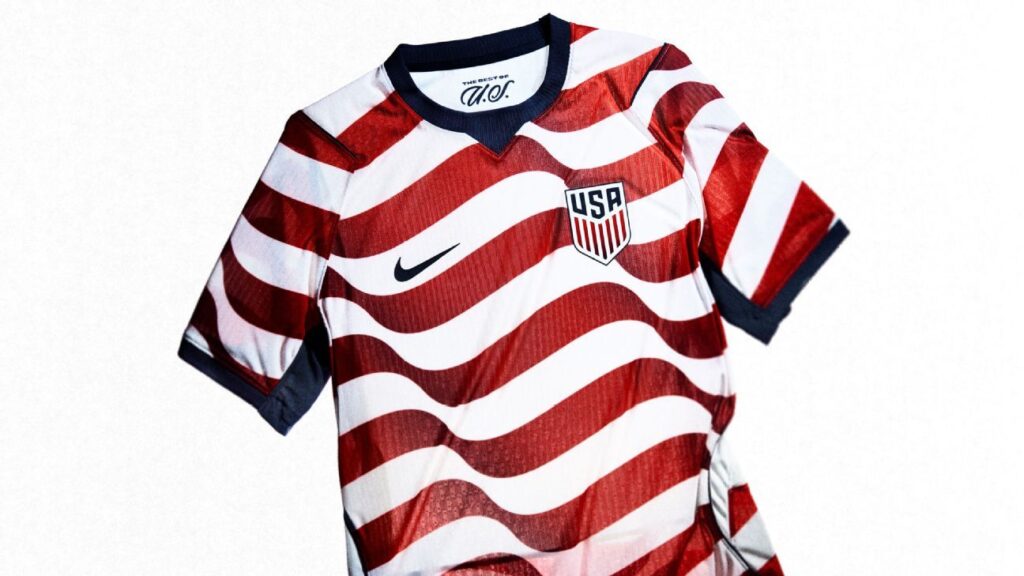 The new United States home and away football kits featuring red and white stripes and a navy blue design with stars