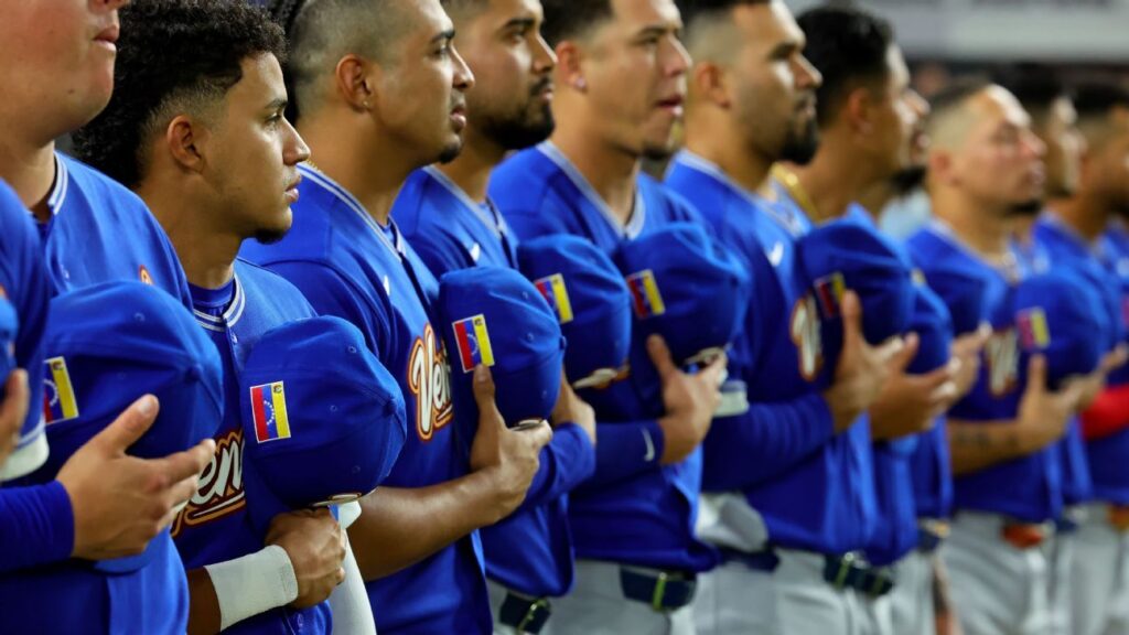 Team Venezuela players celebrating their historic World Baseball Classic victory over Japan in Miami