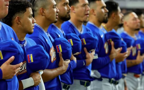 Team Venezuela players celebrating their historic World Baseball Classic victory over Japan in Miami