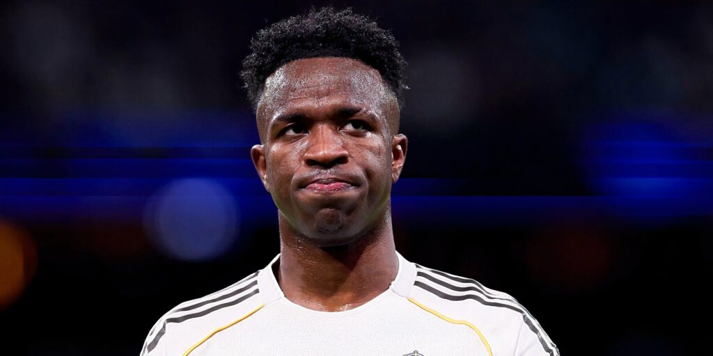 Vinicius Jr gesturing frustration on the pitch during a Real Madrid match