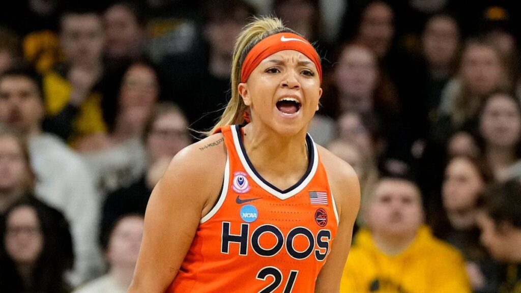 Kymora Johnson of the Virginia Cavaliers dribbling the ball in the NCAA tournament