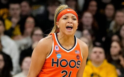 Kymora Johnson of the Virginia Cavaliers dribbling the ball in the NCAA tournament