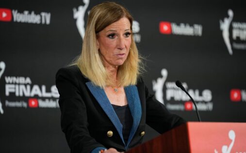 WNBA Commissioner Cathy Engelbert speaking at a press conference