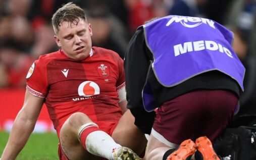 Wales fly-half Sam Costelow looking focused during a rugby match