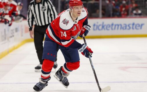 John Carlson skating with the puck in a Washington Capitals jersey