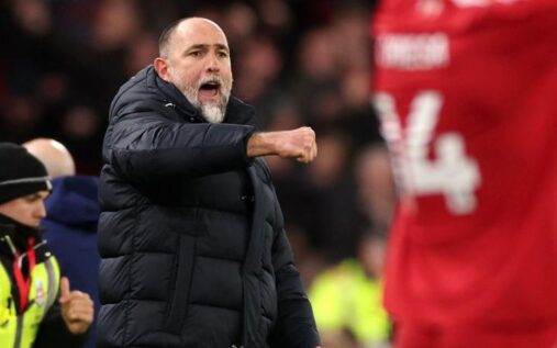 West Ham United and Nottingham Forest players battling for the ball in a Premier League match