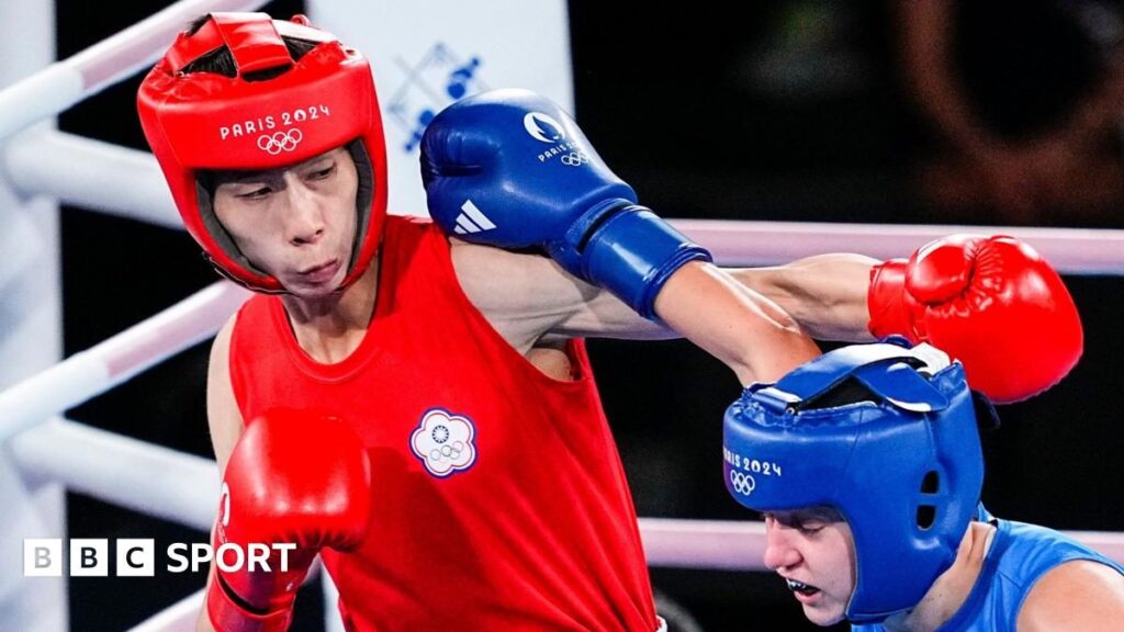 Olympic champion Lin Yu-ting wearing her featherweight boxing gold medal from the Paris 2024 Games
