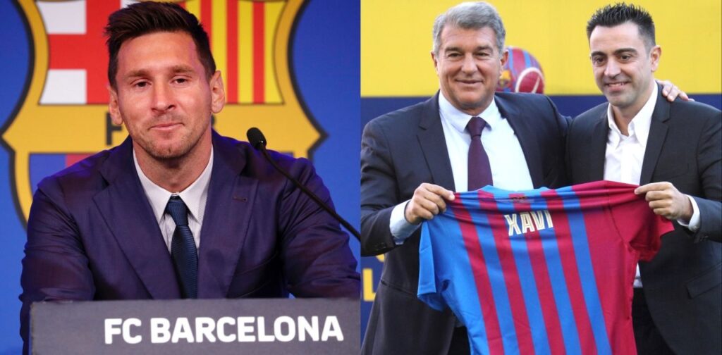 Xavi and Lionel Messi standing together on a football pitch