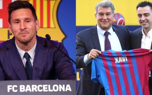 Xavi and Lionel Messi standing together on a football pitch
