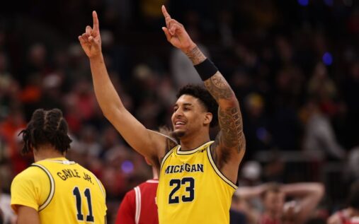 Yaxel Lendeborg of the Michigan Wolverines shooting a basketball during a game