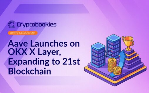 Server racks with glowing links above a tiered platform, a coin stack with an upward arrow and a trophy beside it.