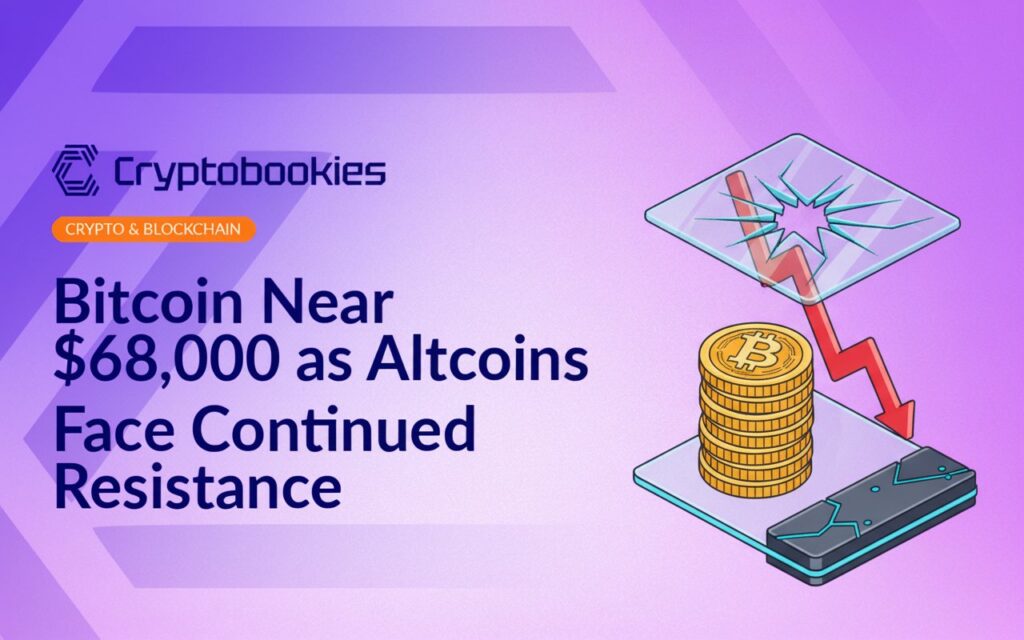 Stack of digital coins under glass ceiling, red falling chart, and cracked bar panel symbolizing market resistance.