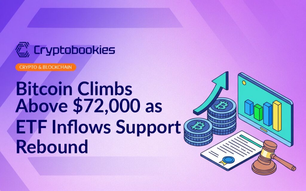 Stacked digital Bitcoin coins, glowing upward arrow, bar chart on screen, government document with a gavel on table.