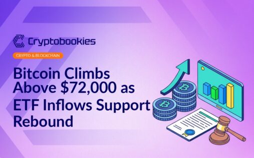 Stacked digital Bitcoin coins, glowing upward arrow, bar chart on screen, government document with a gavel on table.