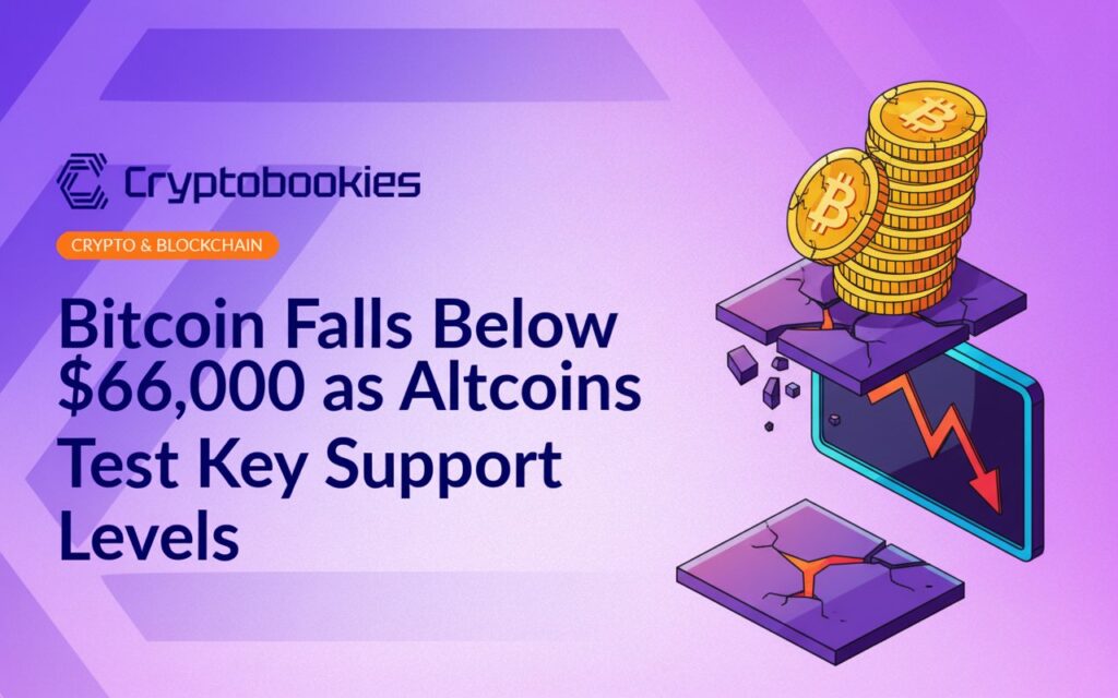 Cracked stack of golden coins sliding off a platform next to a screen displaying a downward red chart arrow above a broken floor slab