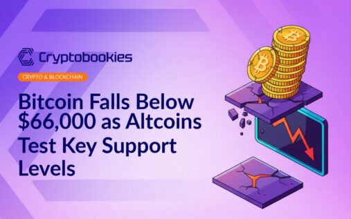 Cracked stack of golden coins sliding off a platform next to a screen displaying a downward red chart arrow above a broken floor slab